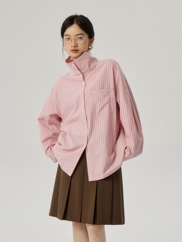 オモントエッグタルトホームレトロスタンドカラーストライプシャツレディース春新作シックゆったり長袖シャツ