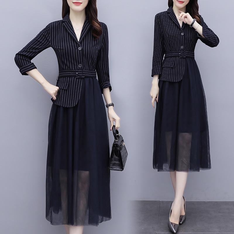 ワンピース フレアワンピース ミモレ ミモレ丈 ロング ロング丈 袖あり 長袖 Vネック フレア スリム タイト 細身 Aライン ドッキング スマート チュール ベルト ウエストマーク