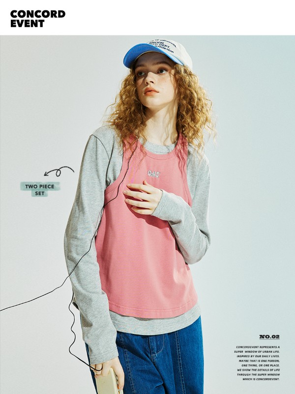 ConE春と秋アメリカンレトロコントラストカラーツーピース長袖Tシャツ女性ニッチデザイン純綿スリムトップトレンド