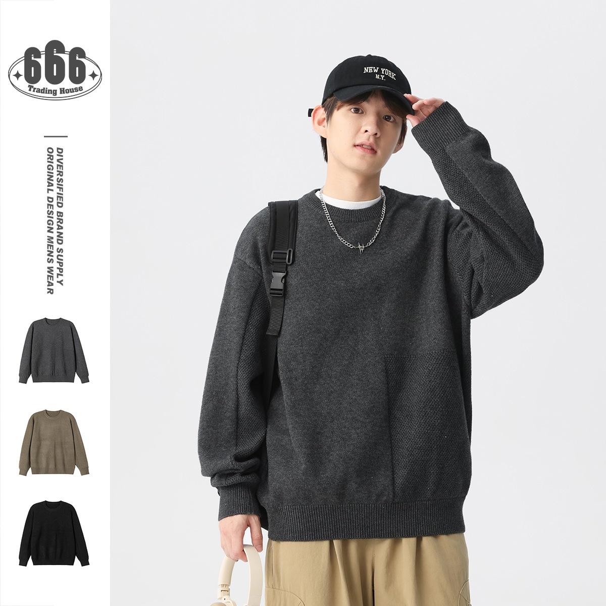 冬のデザイン感ピュアカラーセーター男性クルーネックヘッダー保温ニットカーディガン 4,939円