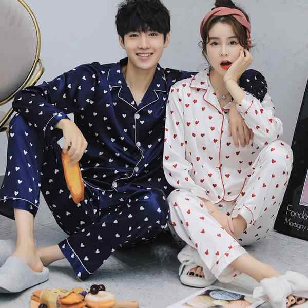 新品 メンズ パイピング お揃い サテン パジャマ 長袖 上下セット レディース ハート柄 シルクタッチ 光沢 ペアルック 寝間着 ルームウェア 部屋着 ナイトウェア
