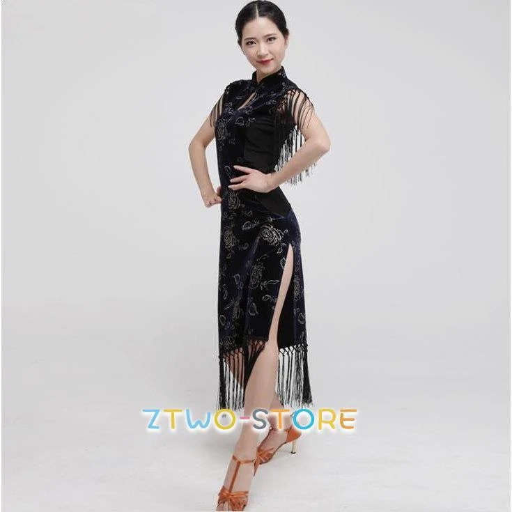 ラテンドレス　セット 社交ダンスドレス　モダンドレス　ロングスカート　ダンスウエア　競技　デモ　ダンス衣装