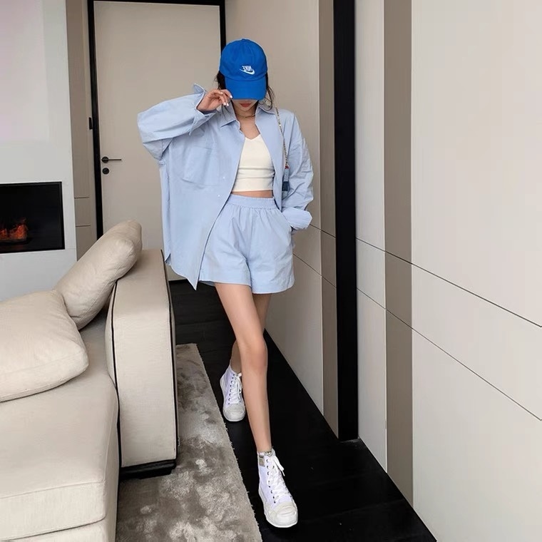 【セットアップ】オーバーサイズシャツ＋ショートパンツ set up ツーピース 上下セット レディース シャツ 短パン アメカジコーデ カジュアルストリート 韓国コーデ オルチャン ２カラー