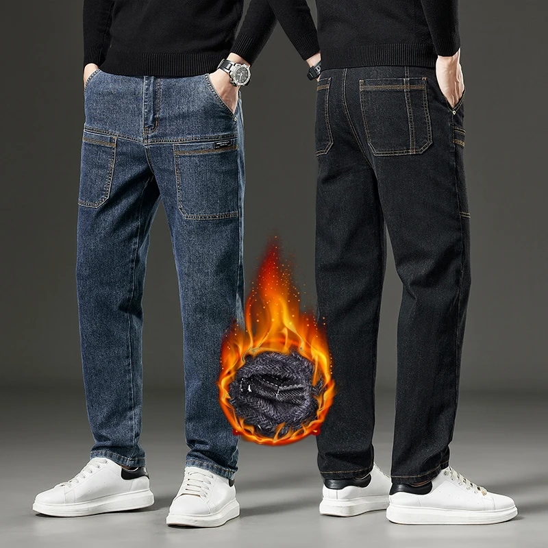 男性と女性のためのフリースカーゴデニムパンツ 厚くて暖かいジーンズ ストレートぬいぐるみ ストリートウェア 韓国のファッション 冬
