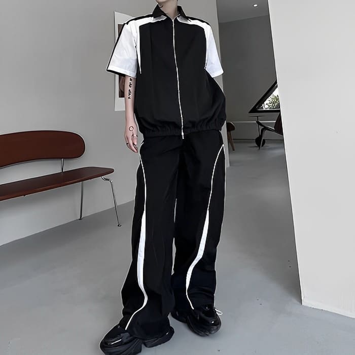 リニューアルセットアップ メンズ 半袖 フルジップジャケット パンツ 2点セット 春夏 パンツスーツ 韓国 原宿 ストリート モード カジュアル 高校生 中学生 通学 10代 20代 春秋 ファッショ