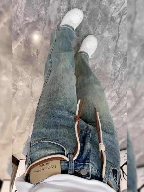 レディース ファッション カジュアル おしゃれ ナロー ストレッチストレートジーンズ 春 スリム 刺繍 レングス ワイドレッグ パンツ