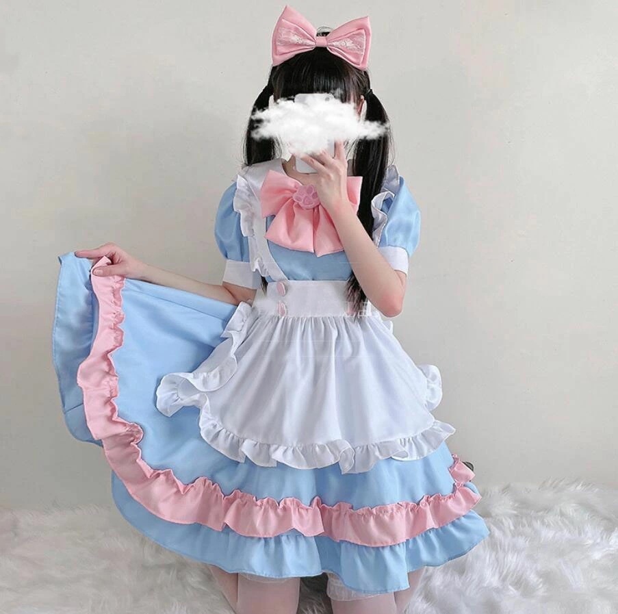 迅速な出荷 メイド服 ミニ ショート丈 膝丈 メイド コスプレ衣装 半袖 ワンピース レディース 大人 コスチューム ウェイトレス エプロンドレス ハロウィン COSPLAY 裾フリル リボン カチュ