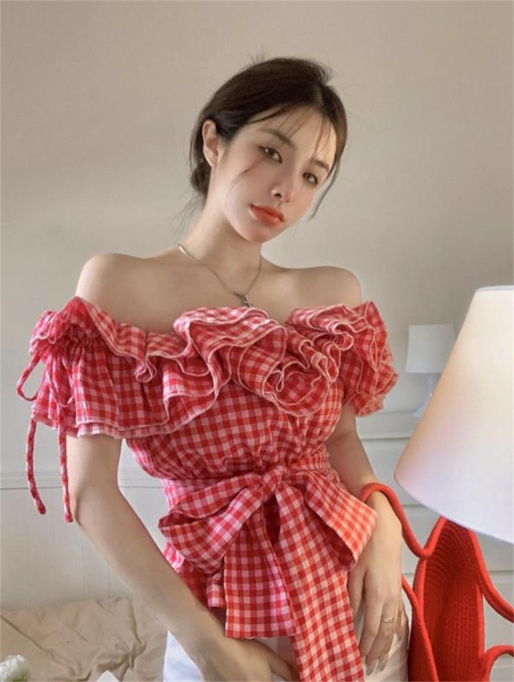 早い者勝ち オフショルダー 蝶ネクタイ 上着 気質 格子縞 半袖 シャツ sweet系 夏 デザインセンス セクシー