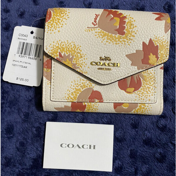 二つ折り財布 CoachSmall Trifold Wallet With Pop Floral Print C0043 Gold/Chalk Multi NWT $125