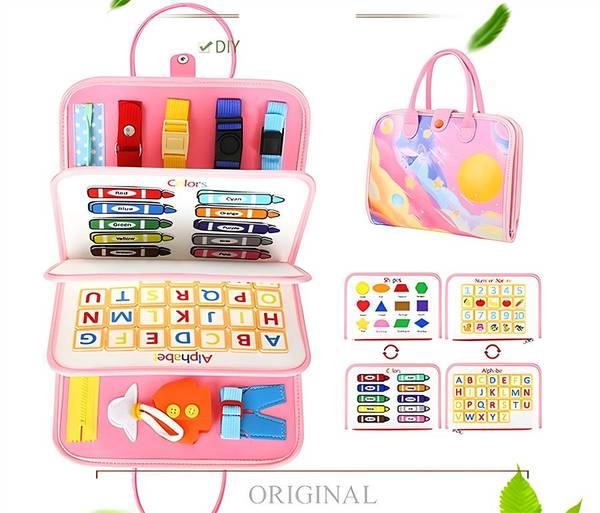 モンテッソーリ おもちゃ 知育玩具 ベビー 紐通し ボタン 時計 アルファベット 数字 時間 色認識 ピンク ビジーボード トレーニング 幼児教育 3歳 4歳 5歳 男の子 女の子 保育園 幼稚園 ギ