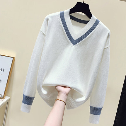 トップス ニットソー セーター 袖あり 長袖 Vネック 襟なし 細身 ストレート かっこいい レトロ メンズライク ボーイッシュ スポーティー 無地 個性的 ブルーライン ブラック地 ブラックライン