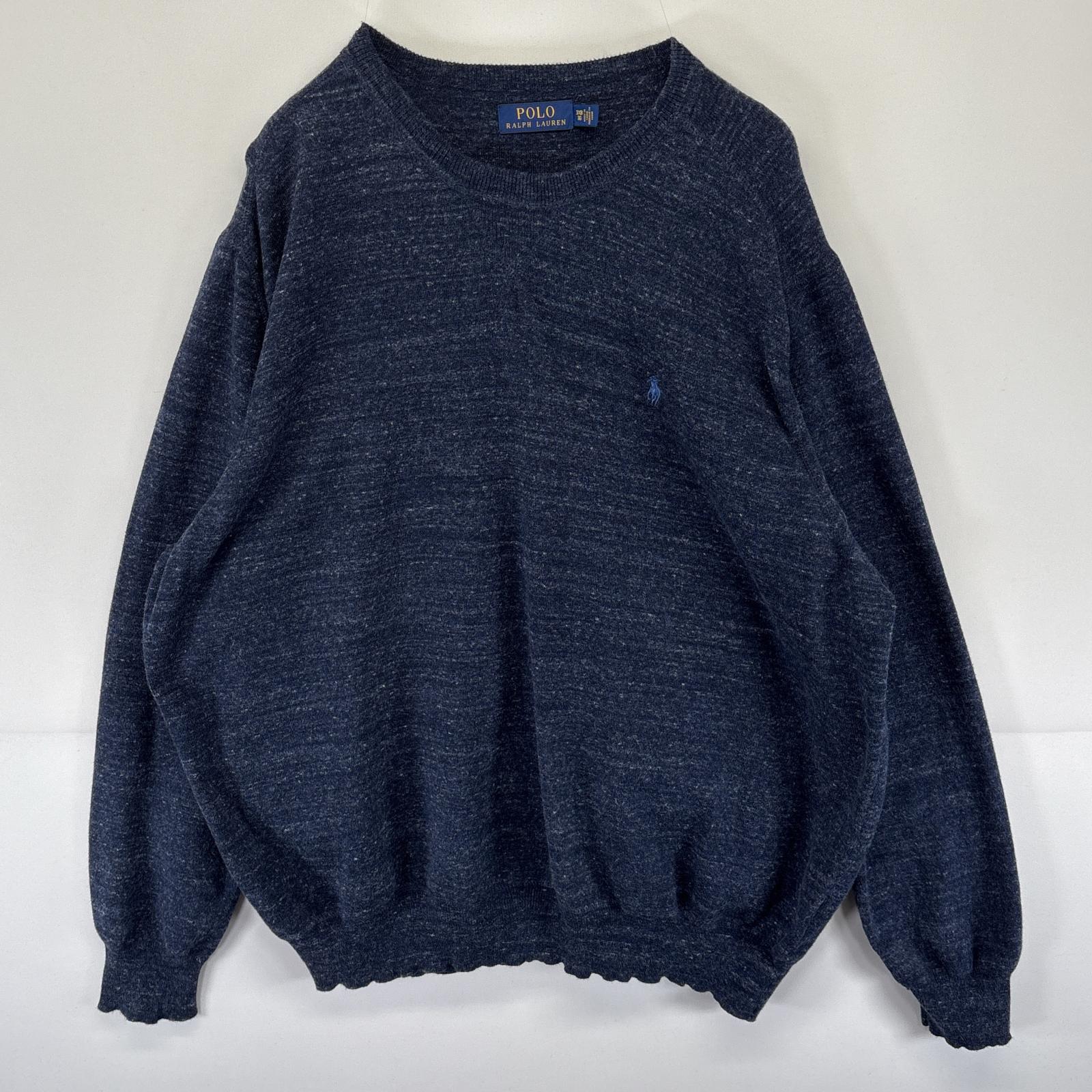 古着 ニット セーター トレーナー ワンポイントロゴ刺繍 大きいサイズ 3XB ネイビー メンズ