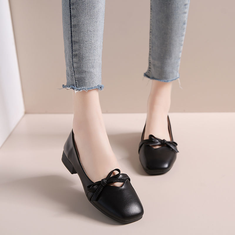 超軟質女性用シングルシューズ スクエアヘッドボウ ソフトレザー ソフトボトム 百浅口ワークシューズモカシン フラットパンプス スタイルアップヒールパンプス