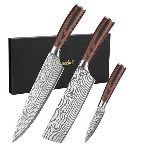 Sunnecko 包丁 セット 牛刀 菜切り包丁 ペティナイフ 3点セット ステンレス ダマスカス模様 木製ハンドル 両刃 肉切り· 魚切り 菜切り 錆びにくい おしゃれ 贈り物