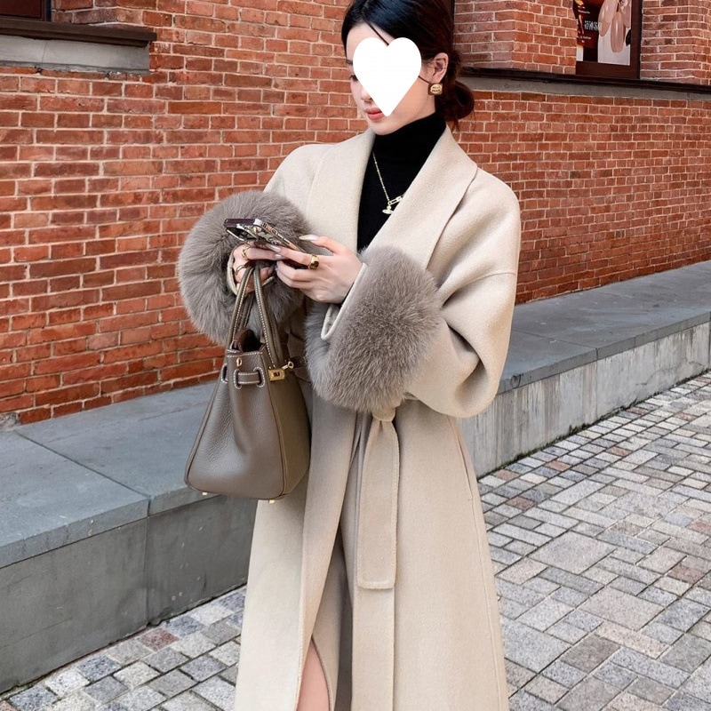 ふわふわ袖の高級ウールコート秋冬新作スタイル両面カシミヤウールロングコート