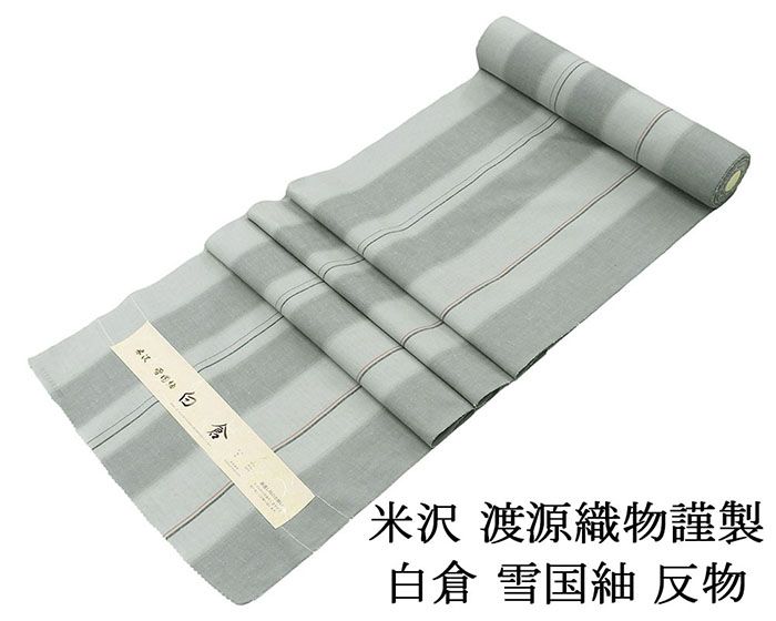 紬 新品 正絹 米沢 雪国紬 白倉 渡源織物謹製 縦縞模様 紬 反物 新品 未仕立 d2018