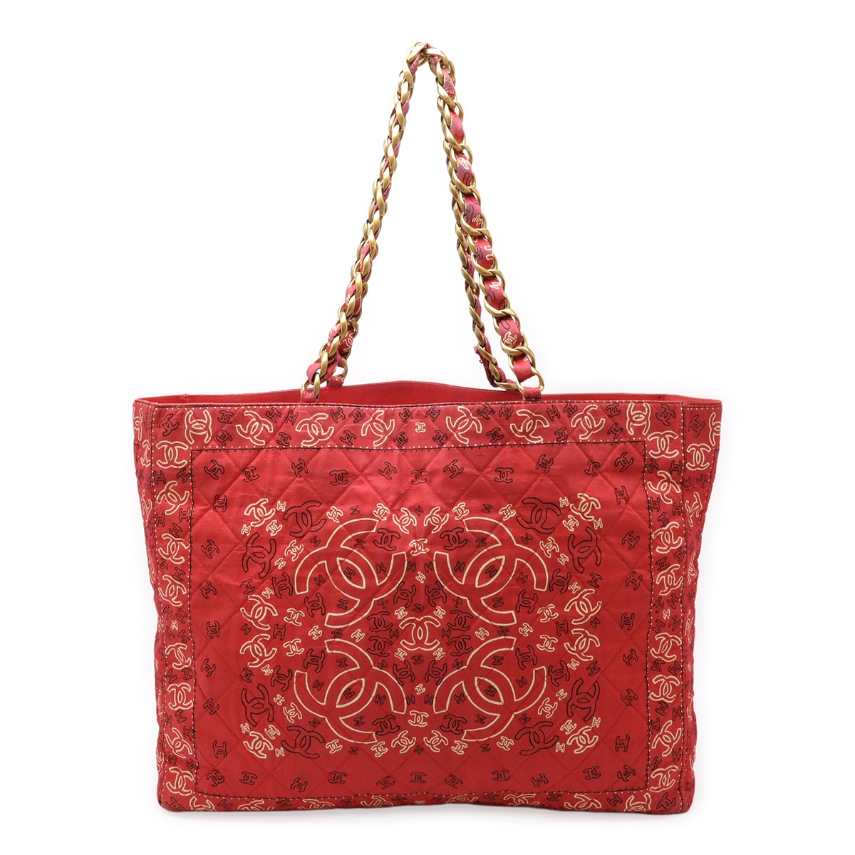 ココマーク トートバッグ チェーンショルダー コットン レッド 赤 ホワイト 白 ゴールド金