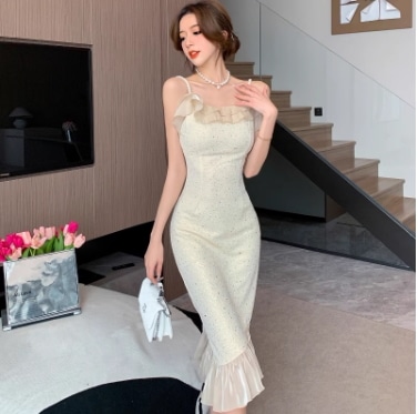 ドレス 衣装 ワンピース パーティードレス パーティドレス 二次会ドレス ミモレ丈ドレス ミモレ ミモレ丈 袖なし キャミワンピ フィッシュテール フリル パール きれいめ 上品 お洒落 かっこいい