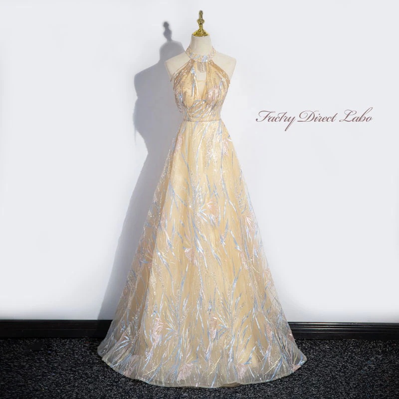 カラードレス ロングドレス パーティードレス ゴールド ホルターネック ビージング ウェディングドレス ウエディングドレス 結婚式 二次会 花嫁 前撮り 演奏会 発表会 カクテルドレス ブライダル イ