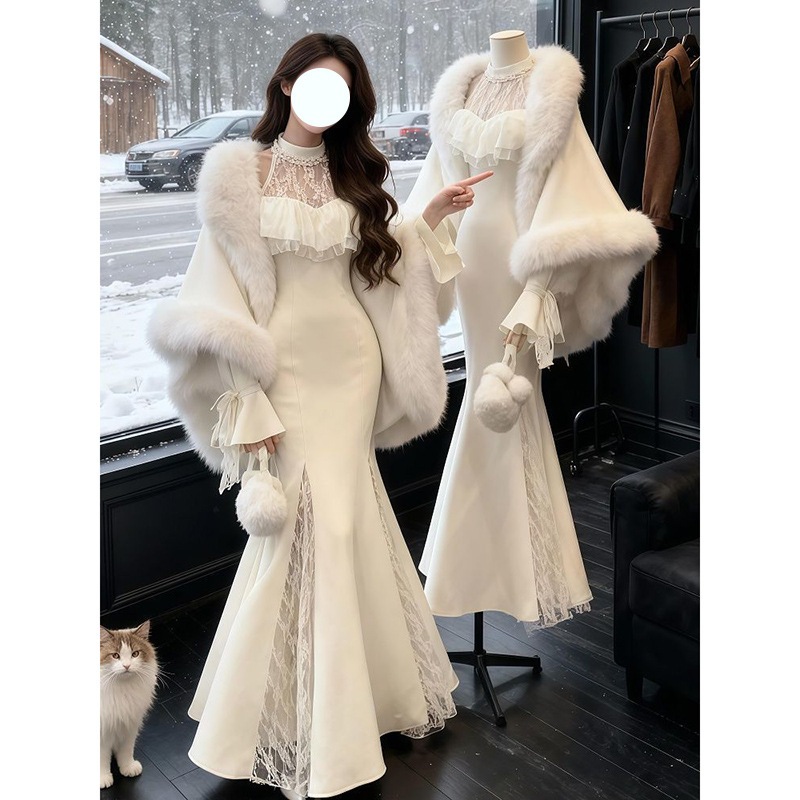 ふわふわのケープショールスリムなレースのドレスが特徴の春と秋向けのフランス風エレガンス ツーピース レディース スーツ