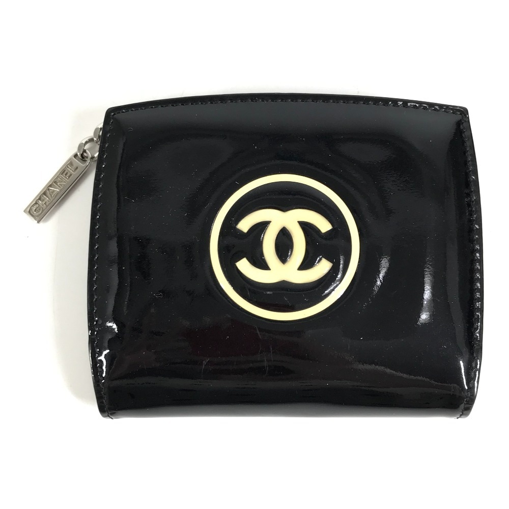 2つ折り財布 CC ココマーク ロゴ メイクパレット コンパクトウォレット エナメル ブラック