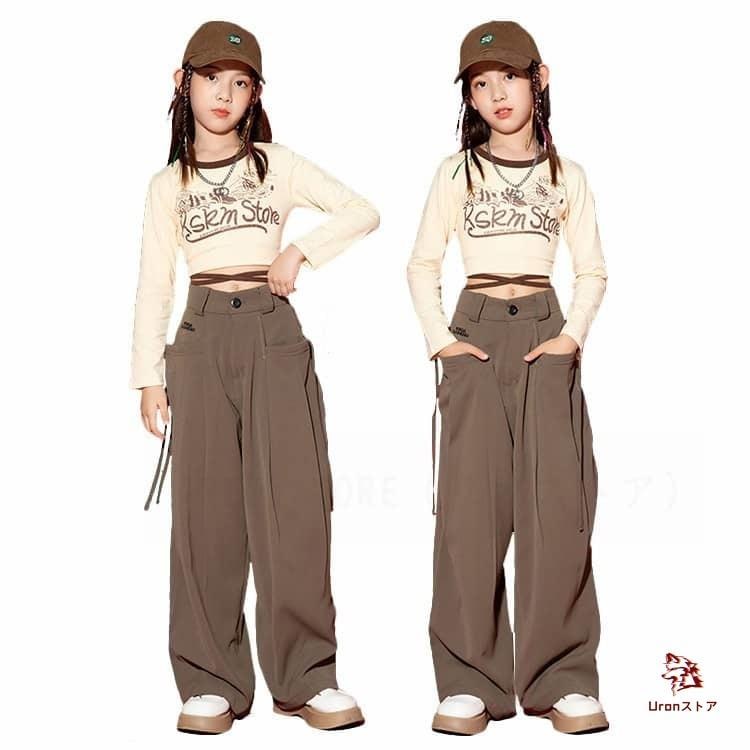 [新品入荷]ダンス衣装 ヒップホップ キッズ 子供 ダンス チア 女の子 ブラウンパンツ ベージュ トップス キッズダンス JAZZ ダンス 衣装 上下セット ガールズ ヘソ出し