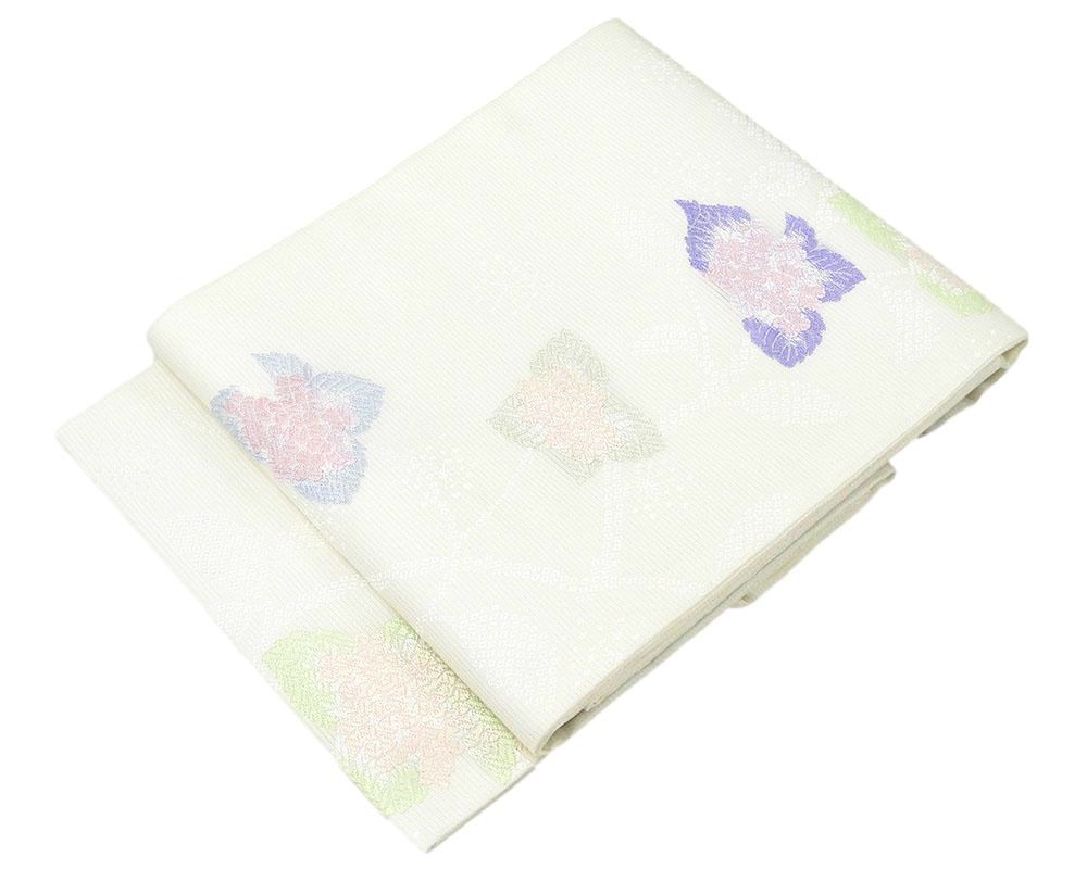 夏物 名古屋帯 新品仕立済 正絹 夏物 沢本織物謹製 紫陽花模様 絽名古屋帯 新品 仕立て上がり y2611
