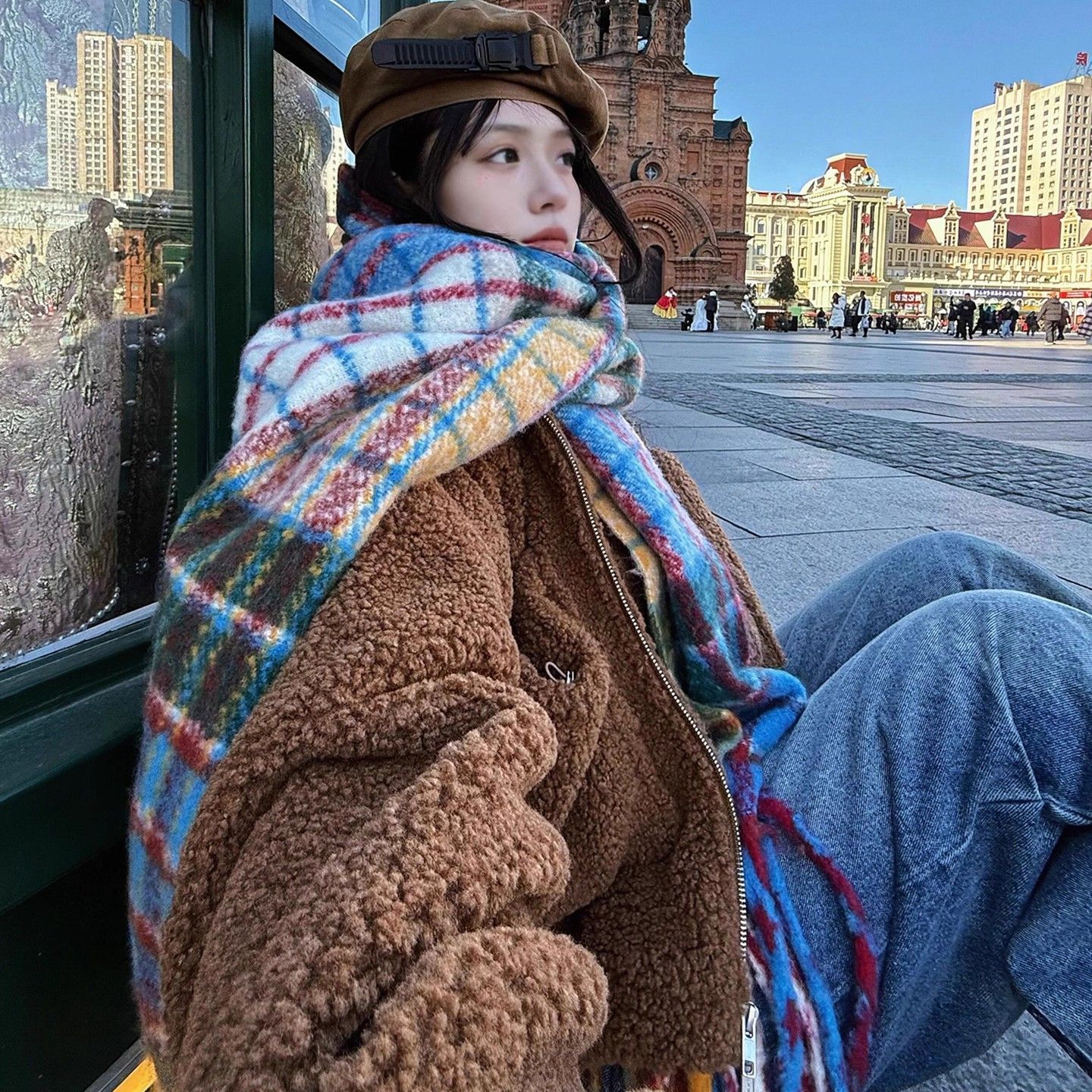 レディースレインボーチェック柄スカーフ，2025年新作，冬にする万能厚手ショール，アウター，ネックウォーマー，トレンドの韓国スタイル