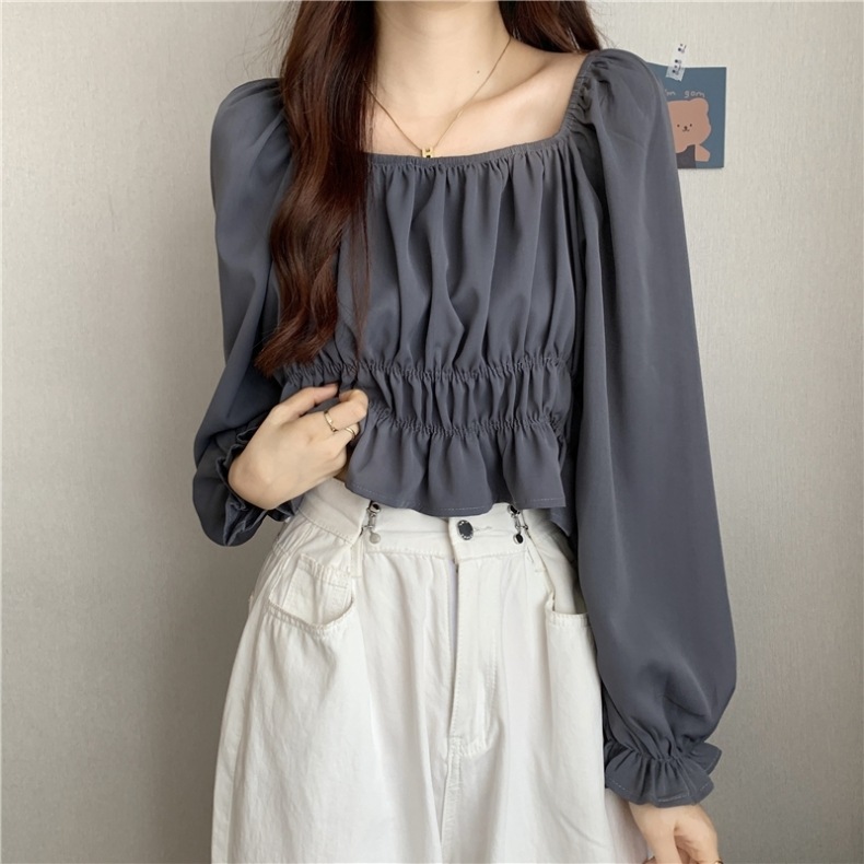 トップス プルオーバー シャツ レディースシャツ パフスリーブ 長袖 レギュラー丈 ストレート 無地 ラウンドネック 通勤 ホワイト 白 ブラック 黒 スモークグレー 冬 S M L ブラウス 袖あり