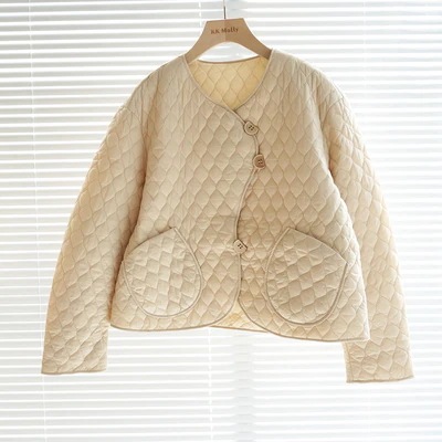 デザイン アウター キルティングジャケット 袖あり 長袖 ドロップショルダー ノーカラー デザイン ボタン オーバーサイズ ビッグシルエット 美ライン 前開き キルティング かわいい 大人可愛い