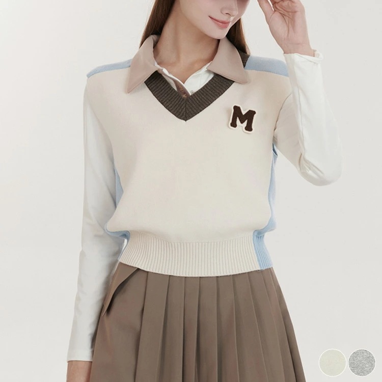 ゴルフウェア ベスト レディース 韓国 ニット 配色 プルオーバー トップス ワッペン Vネック アシンメトリー ウール 春 秋 冬 おしゃれ 8,208円