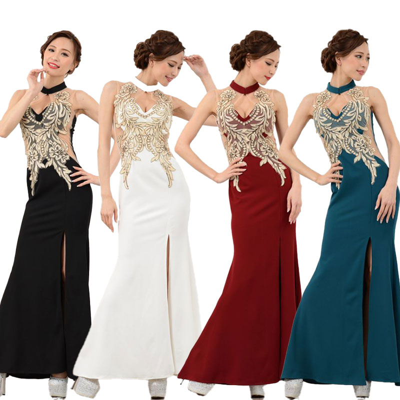 【ワンサイズ/4カラー】豪華刺繍セクシースリットフリルロングドレス パーティードレス キャバドレス [3036]