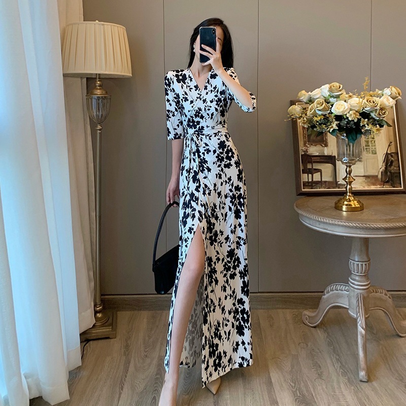 ワンピース レディース ロング丈 7分袖 カシュクール Vネック カシュクール ストレート スリット Iライン スリム 花柄 モノトーン エレガント 上品 デート ママ 謝恩会 モテ ホワイト XL