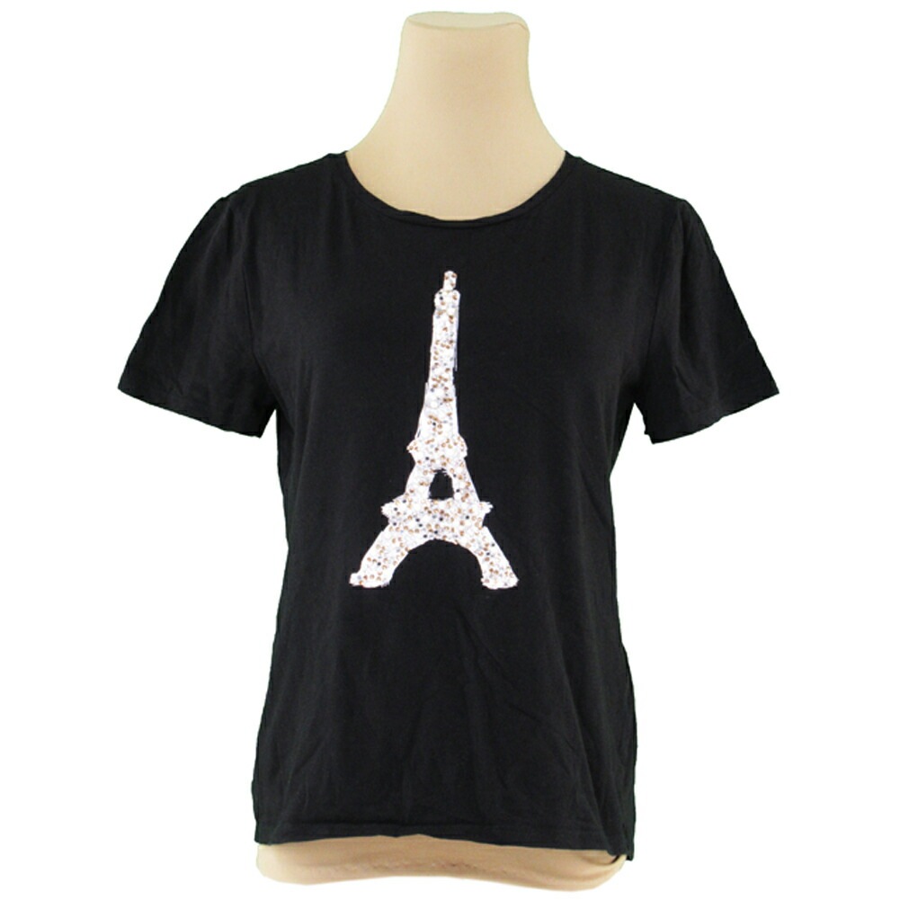 Tシャツ 半袖 カットソー エッフェル塔 レディース メンズ ラインストーン フェイクパール ブラック シルバー系 中古 7,635円