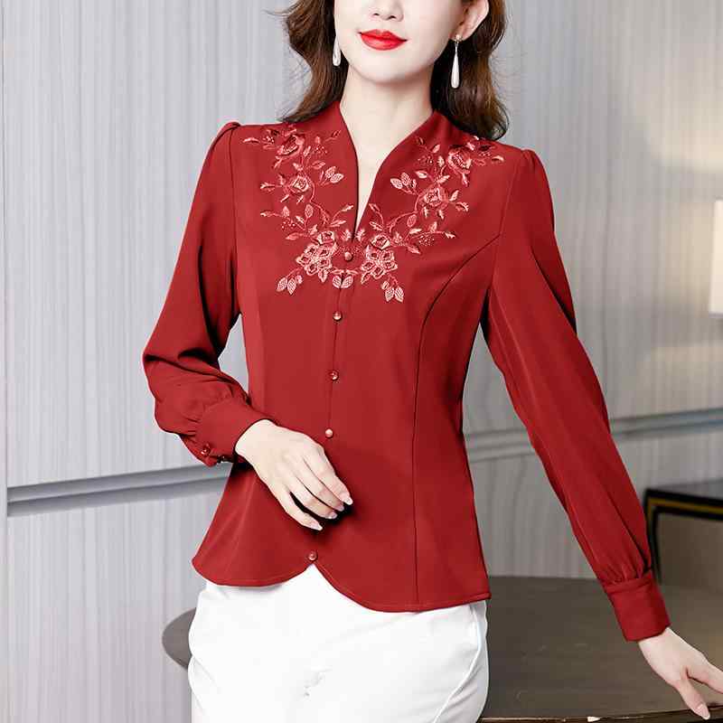 シャツ ブラウス Vネック 刺繍 長袖 春秋 エキゾチック フェミニン エレガント 上品 アーバン ノーブル オフィス ビジネス 学校行事 万能コーデ レディース 婦人服 トップス