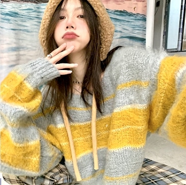 ボーダーセーター 背中スリット イエロー ブラック トップス ニットソー セーター プルオーバー