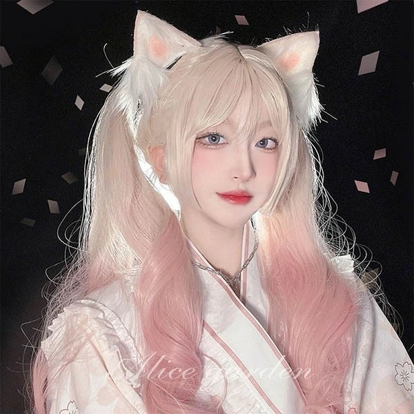 レディース フルウィッグ ツートン 姫カット ゆめかわ 巻き毛 グラデーション ロング オフホワイト ピンク 前髪あり 原宿風 ぱっつん前髪 コスプレ コスチューム 仮装 超自然 エクステ かつら ロ