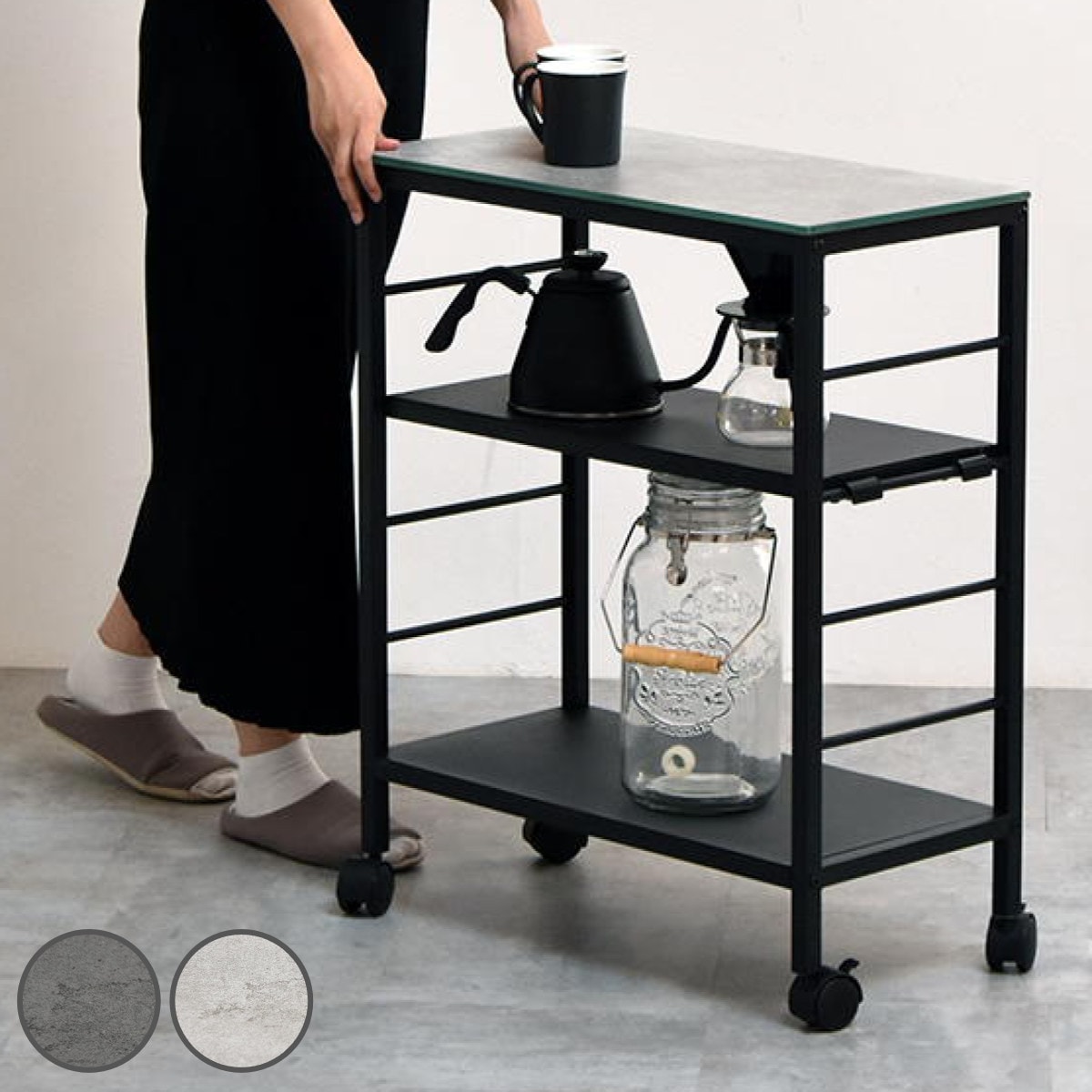 サイドテーブル ワゴン 幅60cm セラミック天板 4段 CERABILL キッチンワゴン キャスター付き スリム 奥行30 デスクワゴン デスク横 サイドワゴン 強化ガラス セラミック 棚