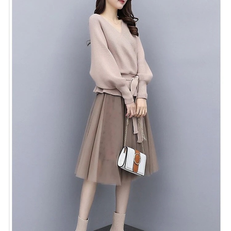 セットアップレディースニット2点セット長袖ニットセータートップス+ルスカート秋冬上下セット 母の日 母の日-0006312