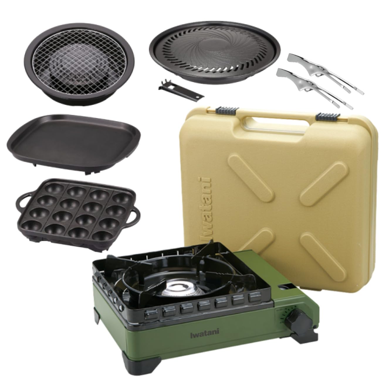 イワタニ タフまる オリーブ CB-ODX-1-OL ＋ 純正プレート4種 (焼肉Lサイズ＋たこ焼き＋網焼き＋鉄板焼き）CB-A-YPL CB-A-TKP CB-A-AMP CB-A-TPP＋ミニトン