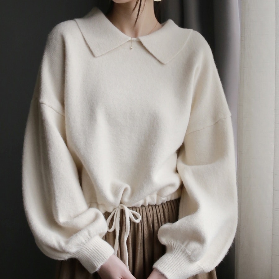 トップス セーター ドロスト 長袖 ボリューム袖 襟付き プルオーバー ショート丈 かわいい 大人可愛い きれいめ シンプル 上品 おしゃれ かっこいい カジュアル こなれ感 個性的 主役級 ラフ
