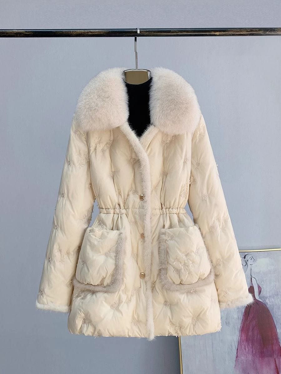 冬のキツネの毛の襟は毛皮のダウンジャケットの女性の長いミンクの毛の白いアヒルの毛の冬の保温コートを脱ぐことができる 母の日-0000454