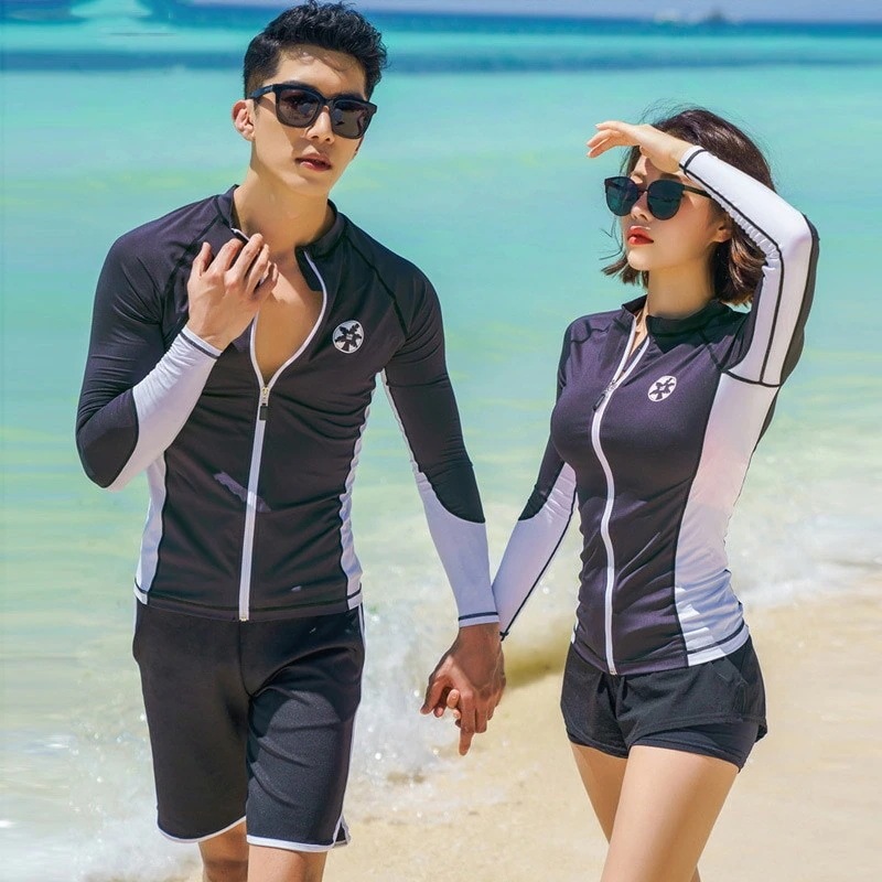 新到着韓国カップルウェットスーツセクシーファッションハイウエストカバーベリーメンズツーピースレディーススリーピース水着