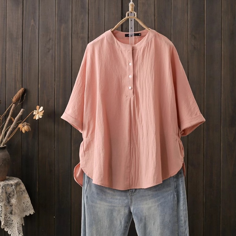 レディース トップス シャツ ブラウス 5分袖 襟なし ワイド ボタン 薄手 柔らかい かわいい 大人可愛い きれいめ シンプル カジュアル 上品 おしゃれ レトロ こなれ感 ラフ ルーズ 個性的