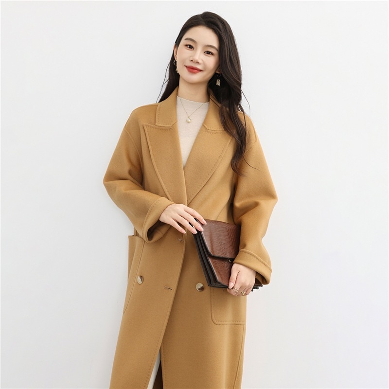 ピュアウールスーツカラーウールコート女性用新作ルーズロングカシミヤ両面ウール暖かいコートセーター