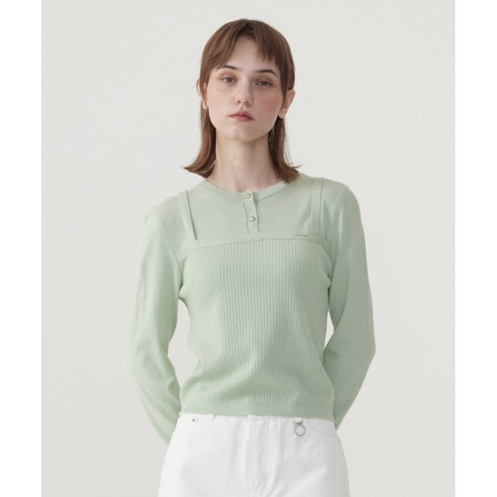 COVERNAT 女性用レイヤードラウンドネックニットライトグリーン