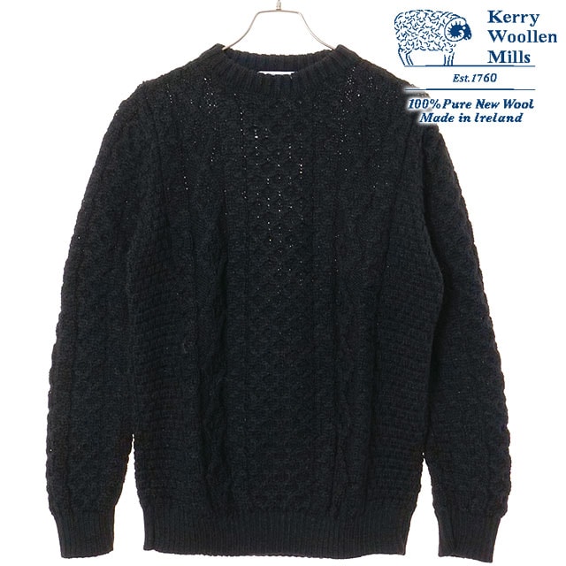 ケリーウーレンミルズ KERRY WOOLLEN MILLS アランケーブル クルーネックセーター [KW-0001] メンズ トップス ニット 英国製 Jet-Black 正規取扱店