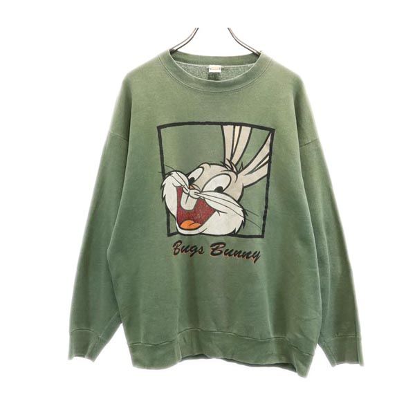 ルーニーテューンズ USA製 バッグスバニープリント 長袖 スウェット トレーナー L グリーン系 LOONEY TUNES メンズ