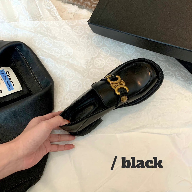 牛皮版~凯旋门金扣圆头厚底粗跟一脚蹬乐福鞋女真皮懒人jk小皮鞋