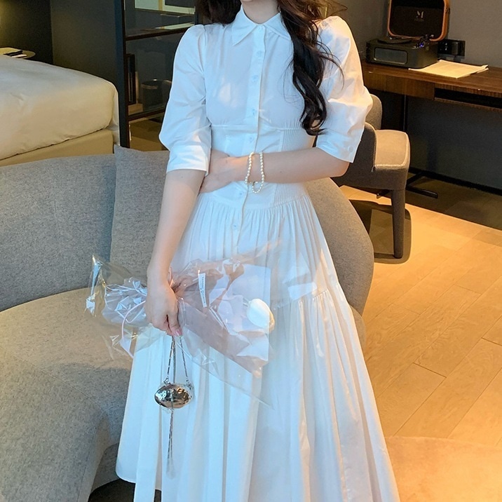 ワンピース レディース シャツ きれいめ 個性的 春服 夏服 秋服 ミモレ ロング 五分袖 SNS 映え 写真 映え モテ 流行 トレンド 高見え 格上げ 無地 ホワイト S M L ベーシック シン